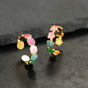 Stainless steel fresh and sweet colorful smiley face flower opening adjustable titanium steel ring female jewelry does not fade