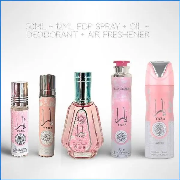 Yara Daily Essentials Bundle – 50ml + 12ml EDP Spray + Oil + Deodorant + Air Freshener – Long-Lasting Signature Scent Set for Women