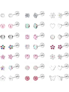 21 Pairs Hypoallergenic Stud Earrings for Women Girls Flat Back Helix Earrings for Women Silver Earrings Pink Heart Star Flower Butterfly Surgical Steel Earrings Sleeper Tragus Cartilage Earrings Set