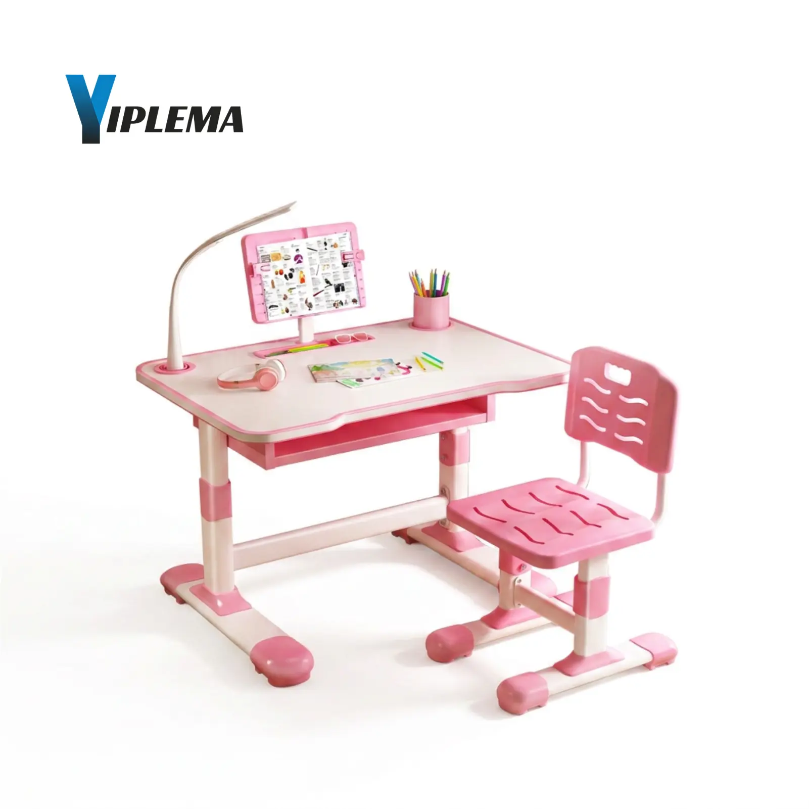 【Back To School】YIPLEMA Durable Kids Ergonomic Height-Adjustable Functional Desk & 1 Kids Chair Set, Plastic & Metal Study Desk with Desktop, Book Stand, LED Light, Extra Large Drawer for Drawer Organization (L:73cm/28.74"), Assembly Required