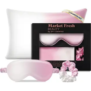 Market Fresh Beauty Mulberry Silk Pillowcase Gift Set, Eye Mask, Pillowcase, and Scrunchie for Gentle Sleep Reducing Breakage, Tangles, Creases, and Wrinkles - Queen Size - Pink & White