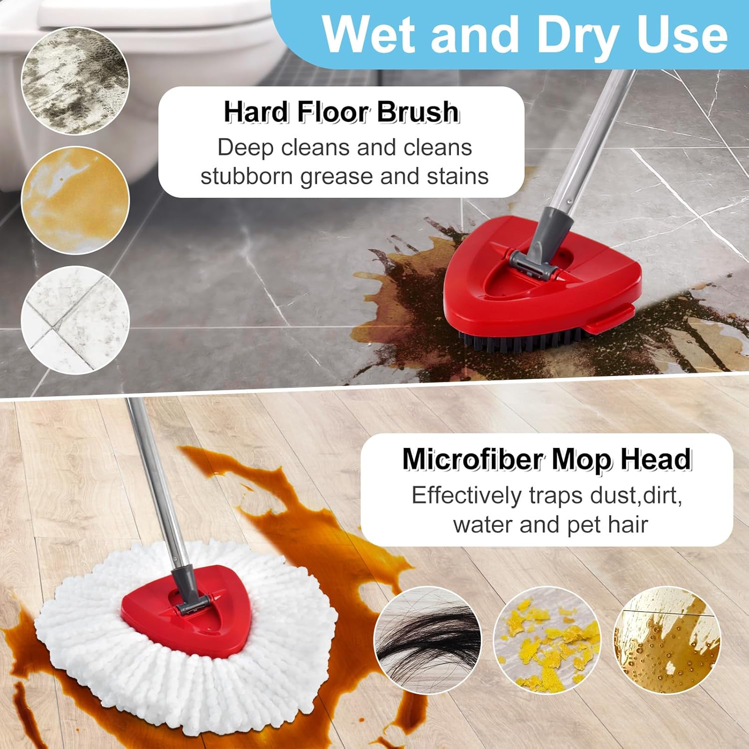 Spin Mop Replace Head Base, Handle Compatible with O Cedar EasyWring Microfiber Spin Mop, 2 Mop Refills Replacement Heads, 30-58" Mop Handle and 1 Mop Base Combo Set (White, 1-Tank System)