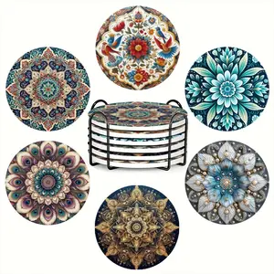 6 Pieces, Mandala Flower Vintage Absorbent Mat Coasters, Ceramic Material Tableware Set, Heat Insulation Coffee Mat, Suitable for Bars, Home Parties, Cafes, Offices, All Occasions, Home Decoration Entry Gift, Size 10.01cm x 10.01cm