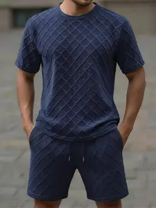 Structured Diamond-Knit Casual Tracksuit for Men, Lightweight 2-Piece Set with Textured Top & Drawstring Shorts for Everyday Style