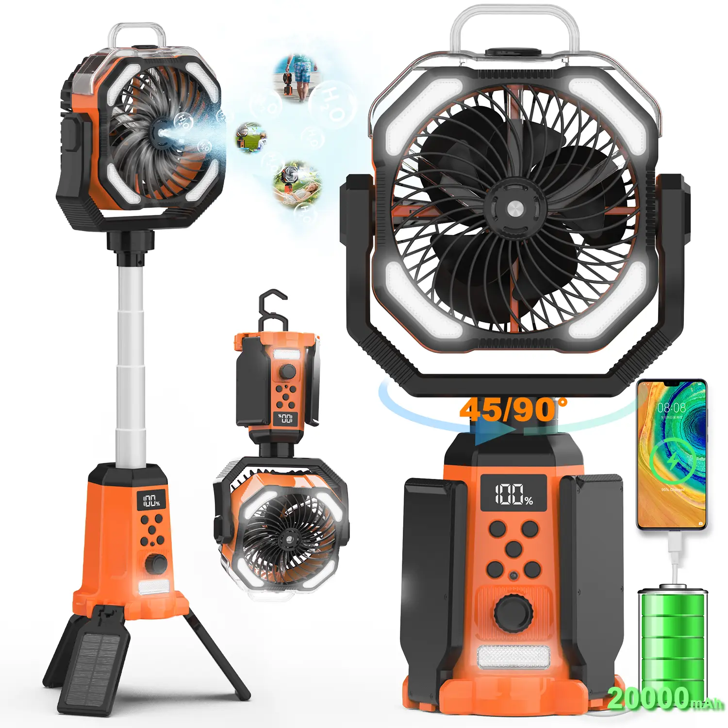 4-in-1 Wireless Camping Fan with spray function, 20000mAh rechargeable battery, LED light and 270° rotation. Remote control design, portable and lightweight, perfect for camping, travel, bedroom and outdoor use.