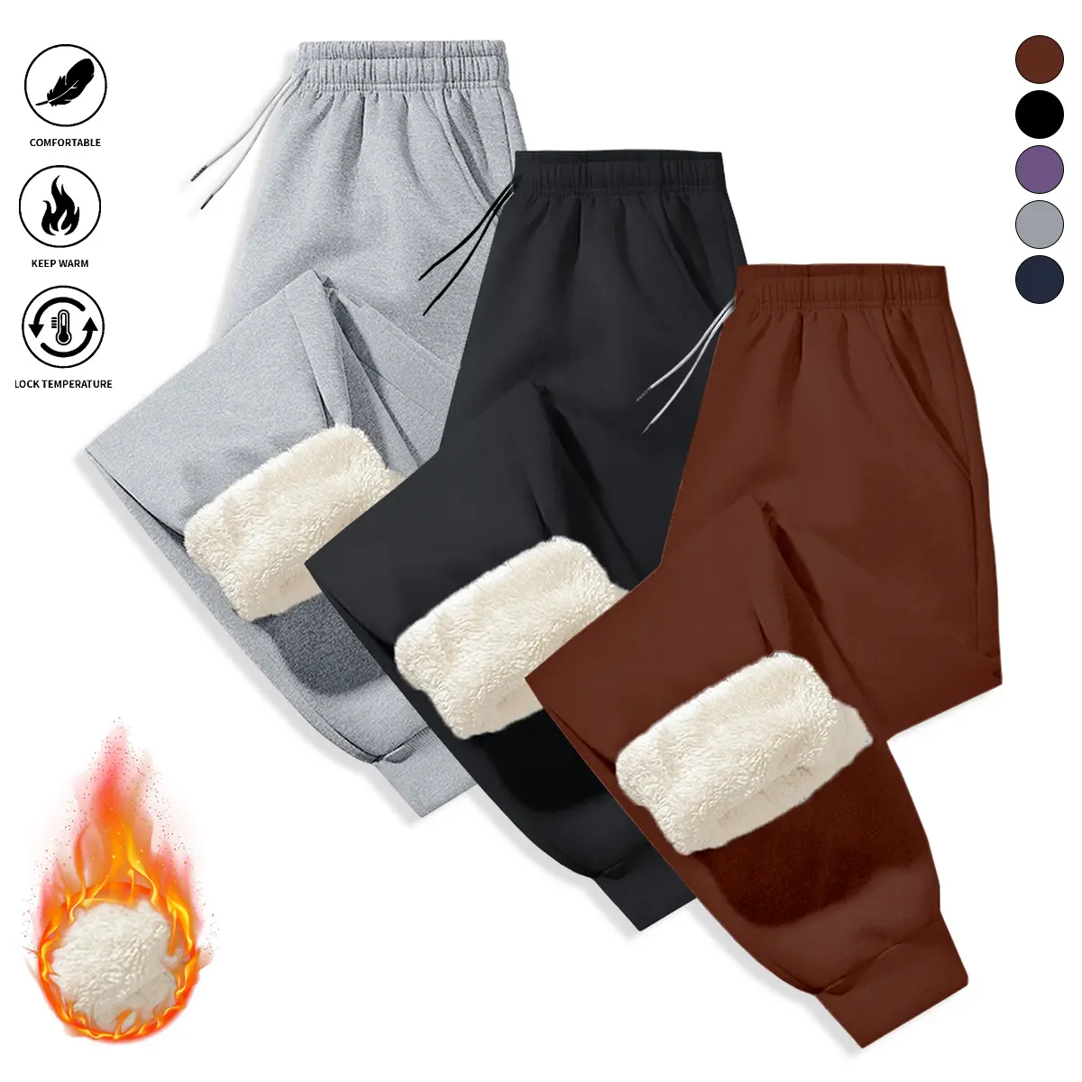 Women’s long pants 3-pack, fleece-lined for warmth, casual athletic pants with elastic waistband and drawstring, pockets included, windproof and warm leisure pants suitable for home and outdoor wear, women’s bottoms season trouser