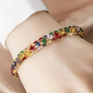 Women's Bohemian Colorful Geometric Zirconia Chain Bracelet, Elegant Adjustable Party Jewelry, Daily Wear, Office, Holiday & Evening Parties, Lightweight Durable Statement Bracelet, Trendy Gift for Friends