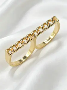 Elegant 14k Chain Texture Two-Finger Ring, Minimalist Women's Daily Commute Office Jewelry, Subtle Casual Unique Ring