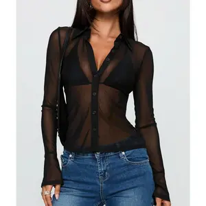 Women Sheer Long Sleeve Top Sexy Button-up Lapel Neck Flared Cuff See-Through Mesh Going Out Blouse Party Clubwear