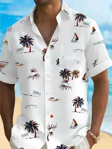 Men's Summer Casual Palm Leaf Print Short Sleeve Shirt, Breathable Loose Fit Top, Tropical Style for Daily Wear