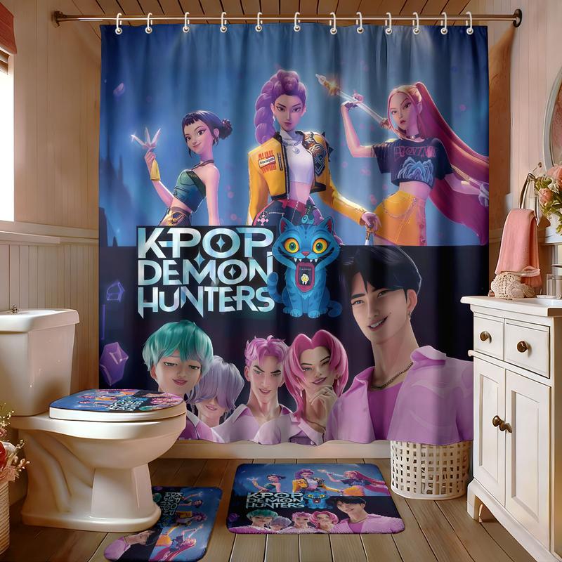K-POP Demon Hunters Bathroom Set, Shower Curtain with Hooks, Non-Slip Bath Rug, U-Shaped Toilet Mat, Toilet Lid Cover, Bathroom Decoration Accessories