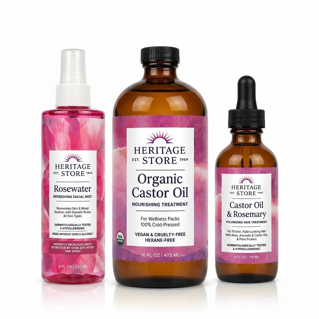 HERITAGE STORE Castor Oil & Rosewater Ritual Set — 3-Piece Hair & Skin Kit with Organic Castor Oil, Rosewater & Glycerin Mist and 4oz Castor Oil & Rosemary Scalp Treatment for Moisture, Softness and Shine