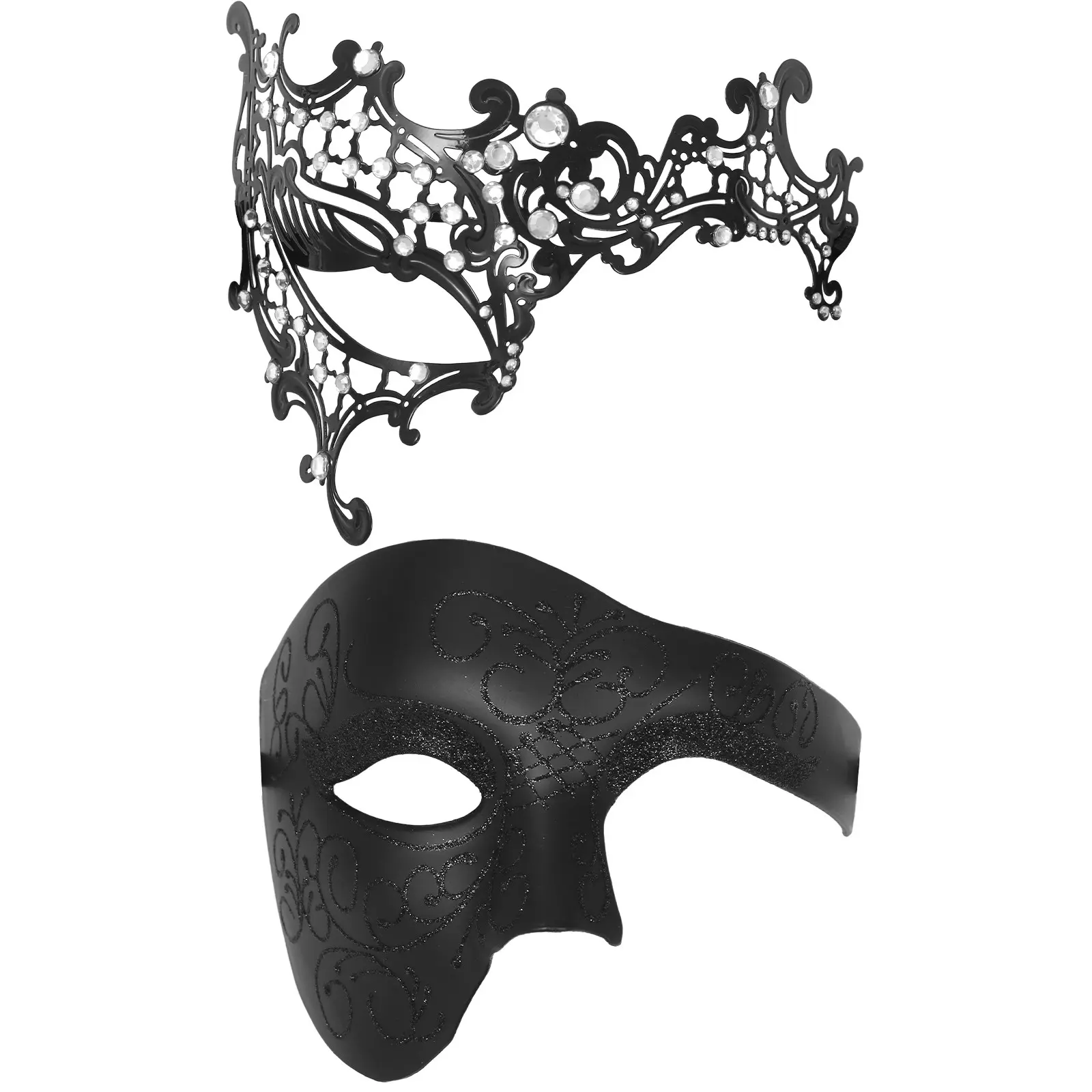 Venetian Masquerade Masks for Couples, Set of 2 Black Metallic Half-Face Costume Accessories for a Carnival Ball or Party, Masquerade Dance Mask, Male