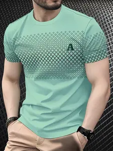 Men's A letter geometric print short-sleeved T-shirt, casual and comfortable crew neck top, stylish and versatile, comfortable and lightweight, regular fit suitable for everyday wear, Fitted
