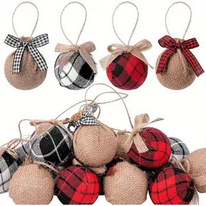 16pcs Buffalo Plaid Fabric Ball- 2 Inch Fabric Wrapped Burlap Balls- Rustic Ball Ornaments with Bow for Party Decoration Christmas Tree Supplies