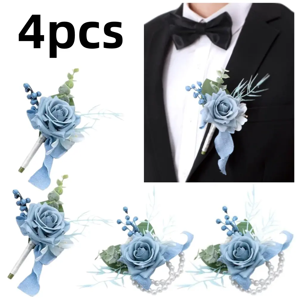 4 piece Flowers Accessories Corsage and Boutonniere Set Artificial Rose Flowers Flowers Wrist Corsage Wristlet Band for Bridal Shower Wedding