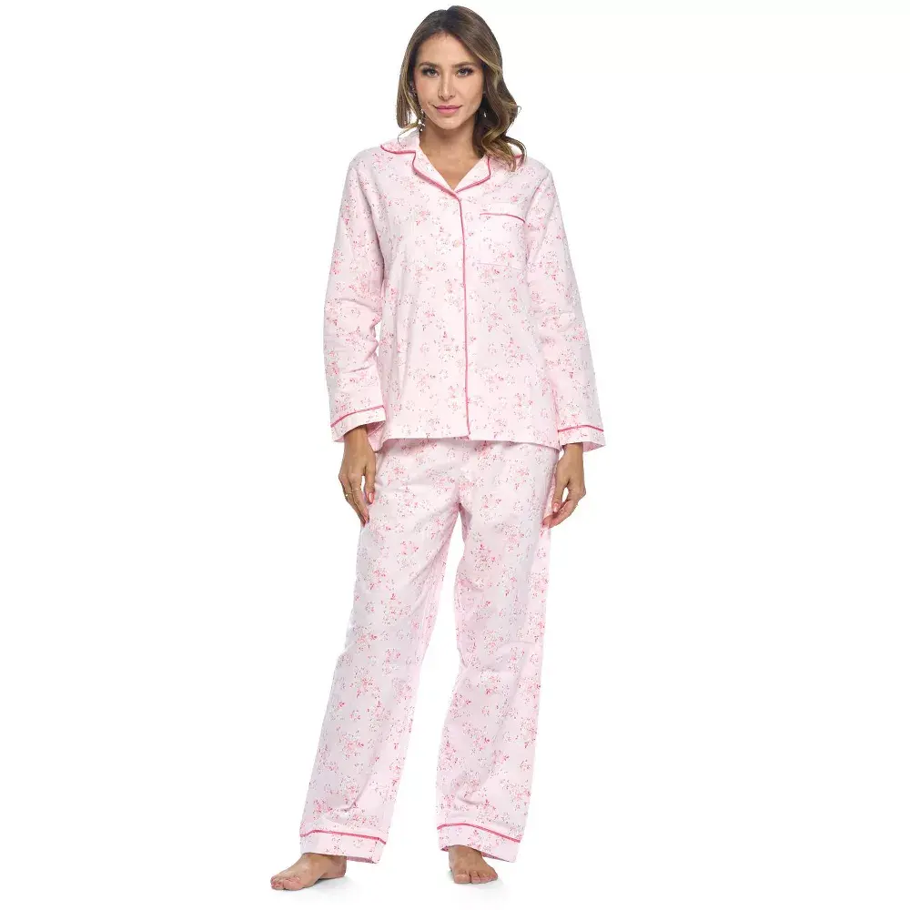 Casual Nights Women's Flannel Long Sleeve Button Down Pajama Set - Floral Shirt, Paisley Nightwear with Lace, Ribbon Accents, Cotton