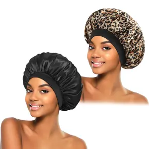2 count Satin Bonnet for Sleeping, Silk Hair Bonnets, Soft Elastic Band Silk Sleep Cap, Hair Wrap for Women(Black Leopard)