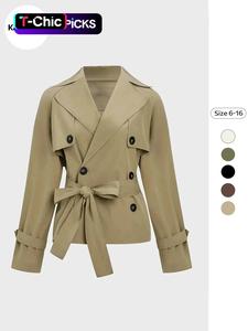trendy solid color notch lapel double breasted long sleeve trench coat