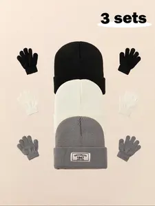 3pcs Baby Beanie Hat, Infant Newborn Toddler Winter Warm Knitting Beanie Cap, Casual Letter Pattern, Fall & Winter Outdoor Accessories