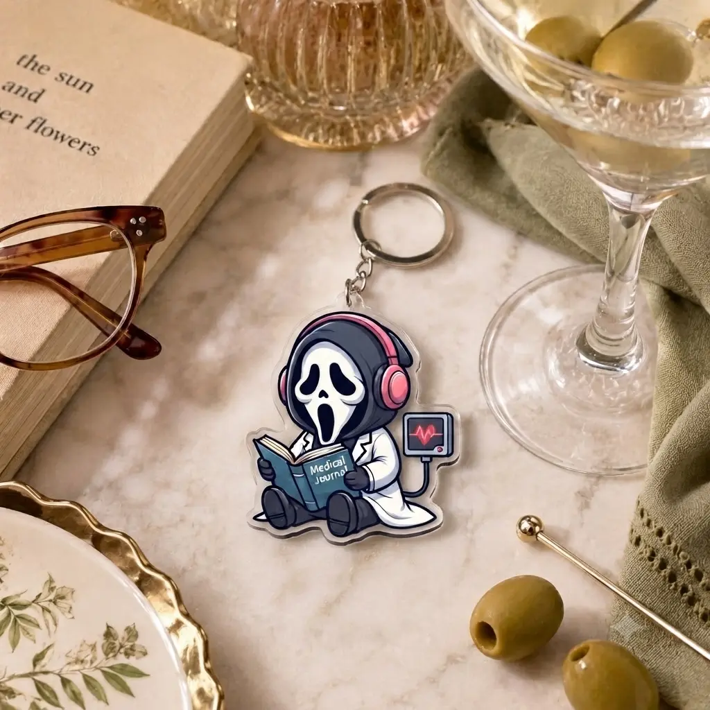 Cute Medical Ghostface Acrylic Keychain, Aesthetic Doctor Character with Journal, Unique Gift for Medical Students and Horror Fans