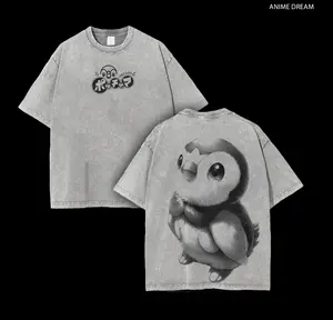 Piplup PKM Anime Double Printed Vintage Washed Tee Unisex Oversize Anime Manga Washed Heavyweight Cotton T-shirt, Gift For Anime Fan, Anime Lover