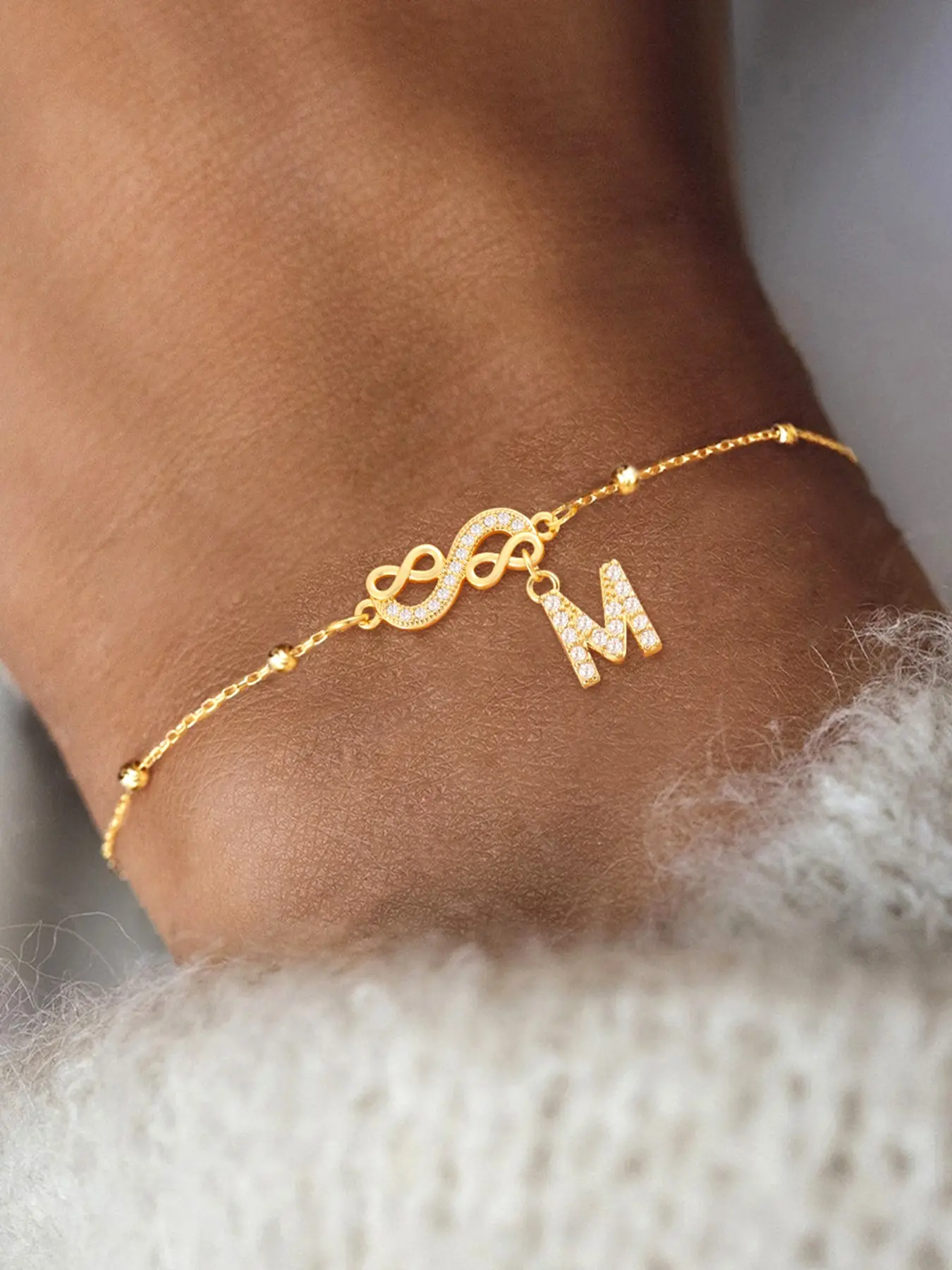 Women's Zirconia Initial Pendant Bracelet, Stainless Steel Beaded Chain, Fashion Casual Jewelry for All Seasons Adjustable Bracelets
