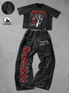 Men & Women Streetwear Set, Newyork Statue of Liberty and Flame Print Short Sleeve Tee & Long Pants, Perfect for streetwear, Y2K style, gothic high street culture,Casual Fitted Design, Perfect for Daily Wear & Couples