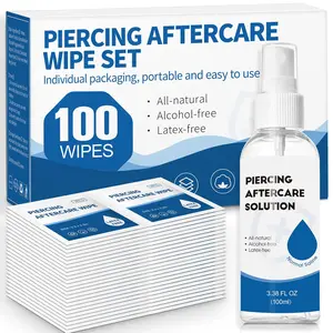 2 in 1 Piercing Aftercare Spray & Wipes Kit Non-Greasy Saline Solution for Keloid Bump Removal Piercing Bump Treatment Ear Nose Lip Belly Piercing Cleaner Wipes 3.38oz + 100ct