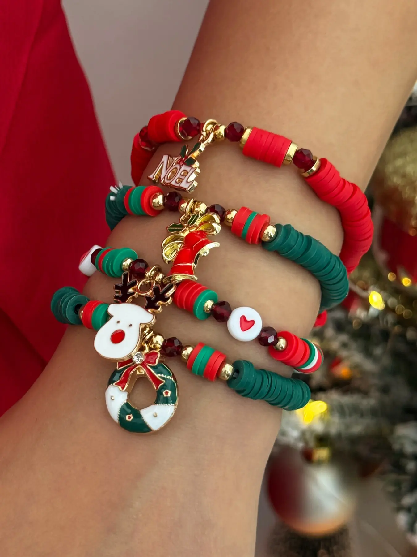 4 Piece Christmas Snowflake Deer Tree Bracelet Set, Cute Fashion Soft Clay Beaded Stackable Jewelry, All Seasons Accessory