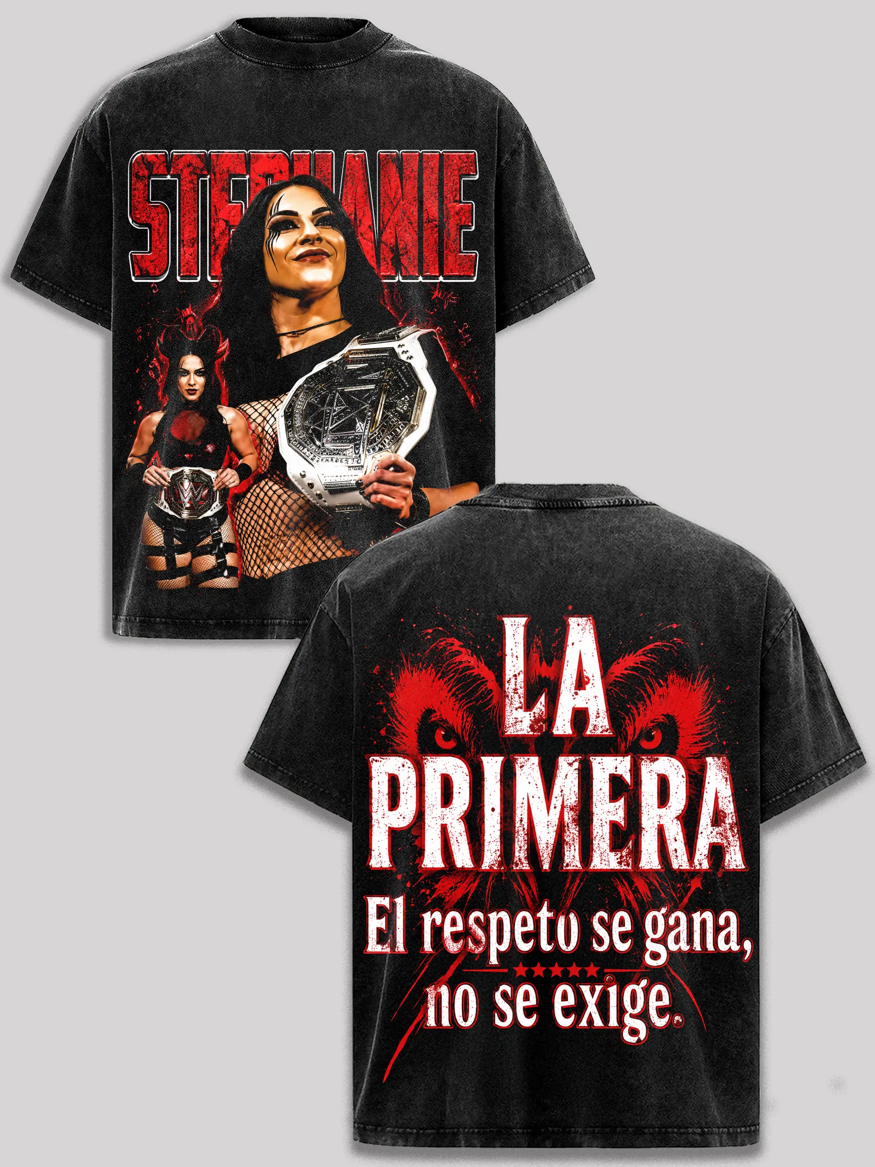 Stephanie Vaquer Vintage Washed T-Shirt WWE NXT La Primera Women's Wrestling Graphic Tee Champion Heavyweight 100% Cotton Oversized Acid Wash Black Shirt Retro Streetwear Casual Distressed Soft Breathable Durable Pre Washed Unisex Gift