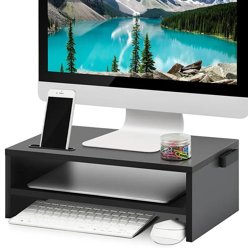 16.5in Heavy Duty 2-Tier Monitor Stand Riser with Mouse Space - Modern Office Furniture, Modern TV Stand, Multifunctional Desk Organizer with Tablet Holder, Phone Holder for Desktop, Laptop (Black) Father's Day Gift, Multifunctional Tv Stand
