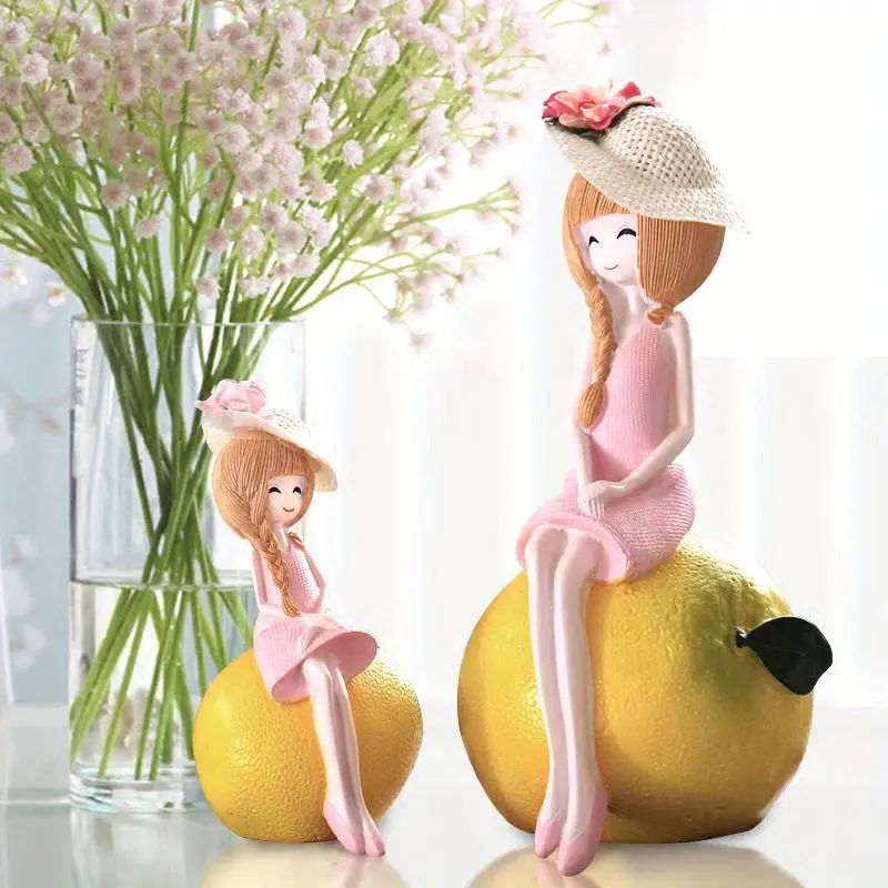 Resin Fruit-Themed Figurine Collection - Strawberry, Lemon, Watermelon, Lemon Girl, Fashion Hat Design - Electricity-Free Tabletop Decor Statue - Indoor Kid-Friendly Gift Ornament for Home Rooms