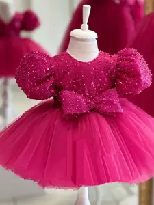 Toddler Girl's Glitter Sequin Bow Decor Contrast Mesh A Line Formal Dress, Elegant Puff Sleeve Round Neck Zipper Back Dress for Party Wedding Guest, Kids Clothes for All Seasons