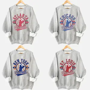 Vintage Ash Grey Baseball Sweatshirt Retro Established City Baseball Pullover Sports Unisex Crewneck Sweatshirts Sublimation Print Casual Graphic Top
