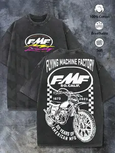 1pc Men's FMF Racing T-Shirt 50 Years Anniversary Dirt Bike Graphic Front & Back Print 100% Cotton Heavyweight Oversized Tee Vintage Acid Wash Top