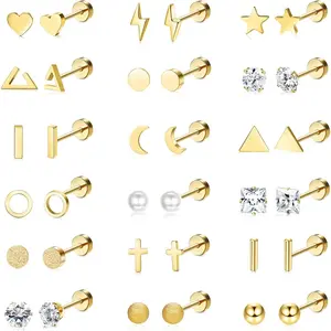Fashionable 18 Pairs Surgical Stainless Steel Stud Earrings For Women Men 20G Cartilage Earrings Studs Cross Moon Star Small Stud Earrings Black Gold Screw Flat Back Earrings Ear Piercing Studs Set