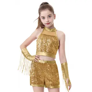 Girls Sequin Dance Outfit 3pcs Crop Sequin Top Metallic Shorts with Tassel Arm Sleeves 5-13 Years Recital Costumes, Perfect for Outdoor