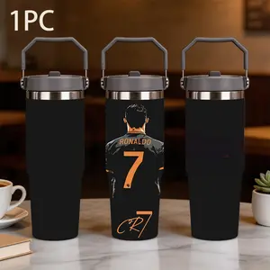 1pc 30oz large-capacity portable insulated drinkware thermos cup with the back view of Cristiano RONALDO No. 7 printed on it, featuring a black matte orange color scheme and a football theme, is a portable water cup for daily office and outdoor use