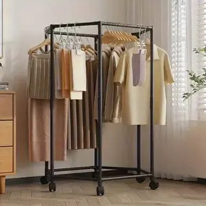 360° Rotating Hexagonal Clothes Drying Rack with Wheels, Heavy Duty Garment Rack, Space Saving Foldable Laundry Hanger, Indoor Outdoor Clothing Organizer