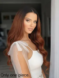 Synthetic Heat Resistant Fiber Wavy Lace Front Wig in Ombre Amber Brown with Highlights, Designed for 13*4 Inch Hairstyle. Features Pre-Plucked Hairline, Perfect for Women Who Desire Fluffy Curly Waves. Ideal for Daily Wear or Parties, Glueless.