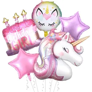 5 count Unicorn Balloons - Unicorn Party Decorations 3D Birthday Decorations for Girls Foil Balloons Set Macaron and Rainbow Balloon Wedding  Shower Party Supplies