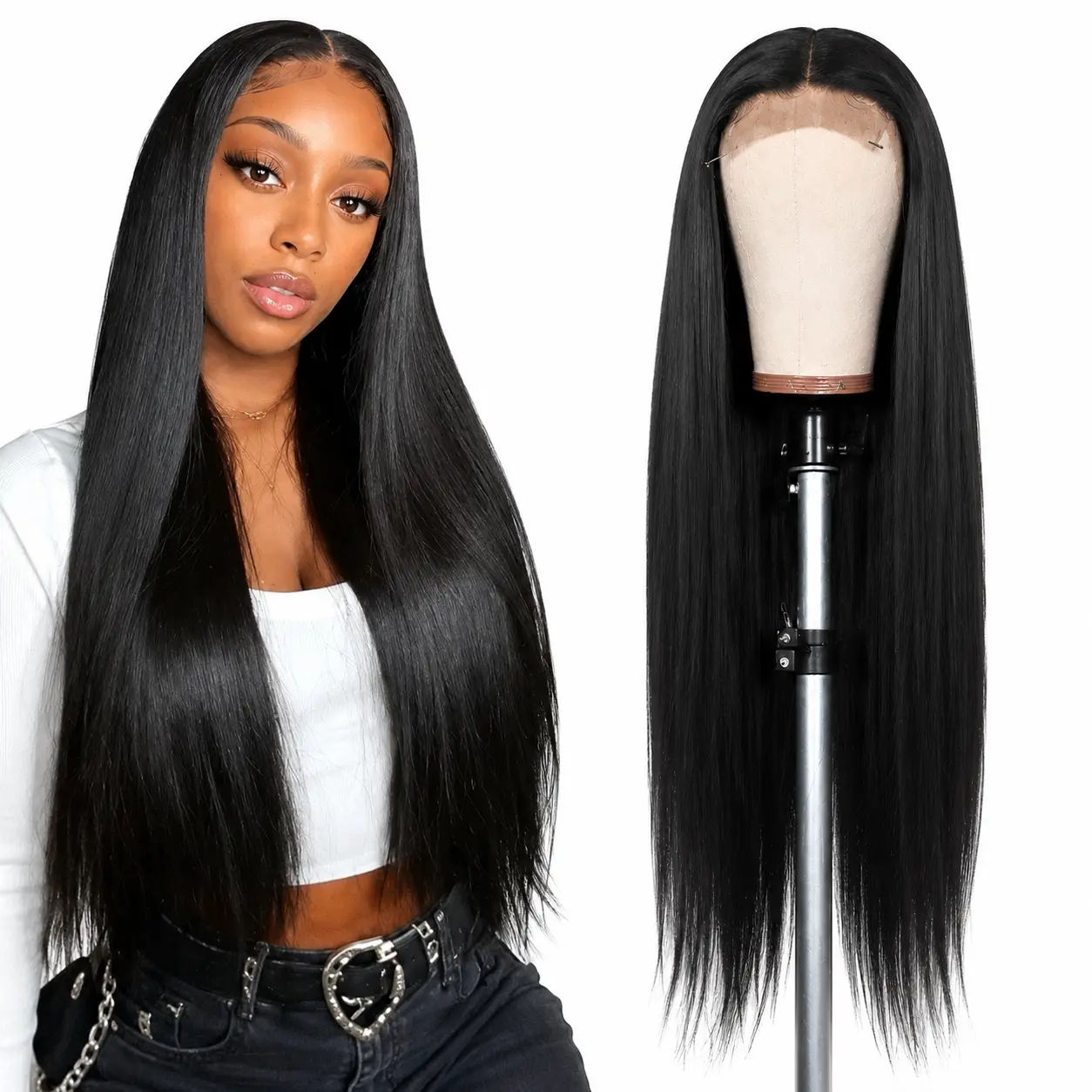 22-26 Inch Silky Bone Straight Human Hair Wig 13x4 HD Lace Frontal Wig Single Length Pre Plucked Hairline Baby Hair Sleek Smooth Finish Real Human Hair Wig