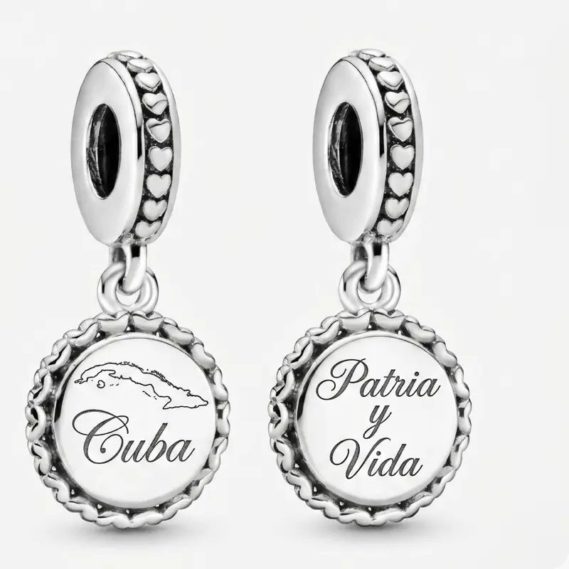 S925 Sterling Silver Cuba Charm Patria y Vida Cuba map Mi Isla Bella Brazalete Charm necklace, Unisex Fit,  Gift Moissanite Memory Pendant Frame