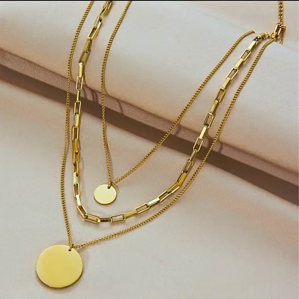 Disc Layered Necklace - Stainless Steel Non Tarnish Jewelry