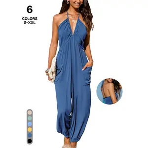 TFNOSIZE Women’s Minimalist V‑Neck Sleeveless Summer Beach Vacation Jumpsuit — Elegant Halter Neck Backless Camisole Style, Casual Sexy Breathable Wide‑Leg Flowy Design, Fashionable One‑Piece, Overalls, Basic, Smooth,summervibes