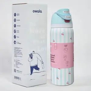 Owala FreeSip Stainless Steel Insulated Water Bottle – Mint Green Stripes with Cherry Print, Leak-Proof Flip Lid with Built-In Straw, Double-Wall Vacuum, Cute BPA-Free Reusable Sports Bottle 24/32oz