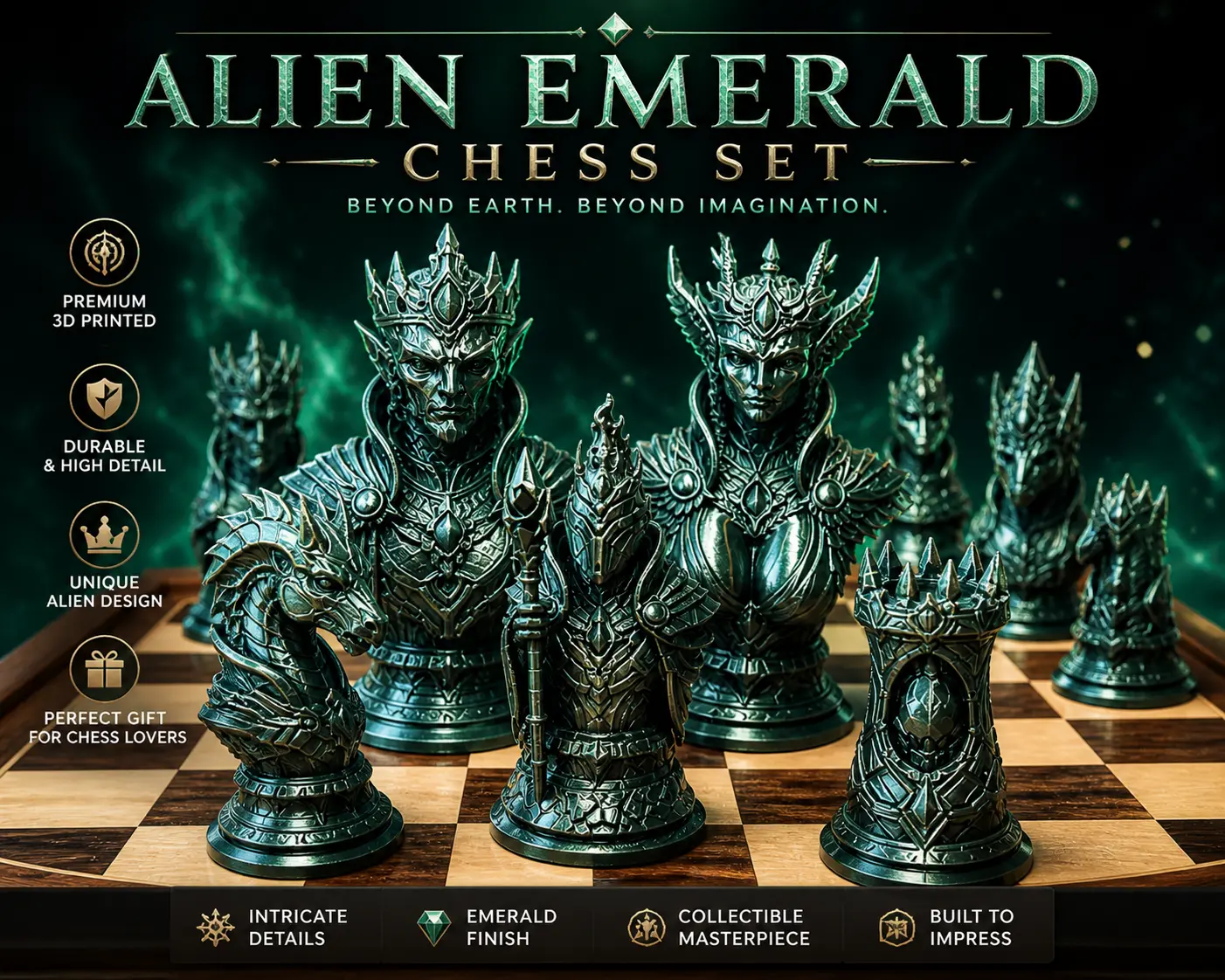 Alien Emerald Chess Set 16 Piece Sci-Fi Collector Bust Set Premium 3D Printed Durable High Detail Unique Alien Design Perfect Gift for Chess Lovers