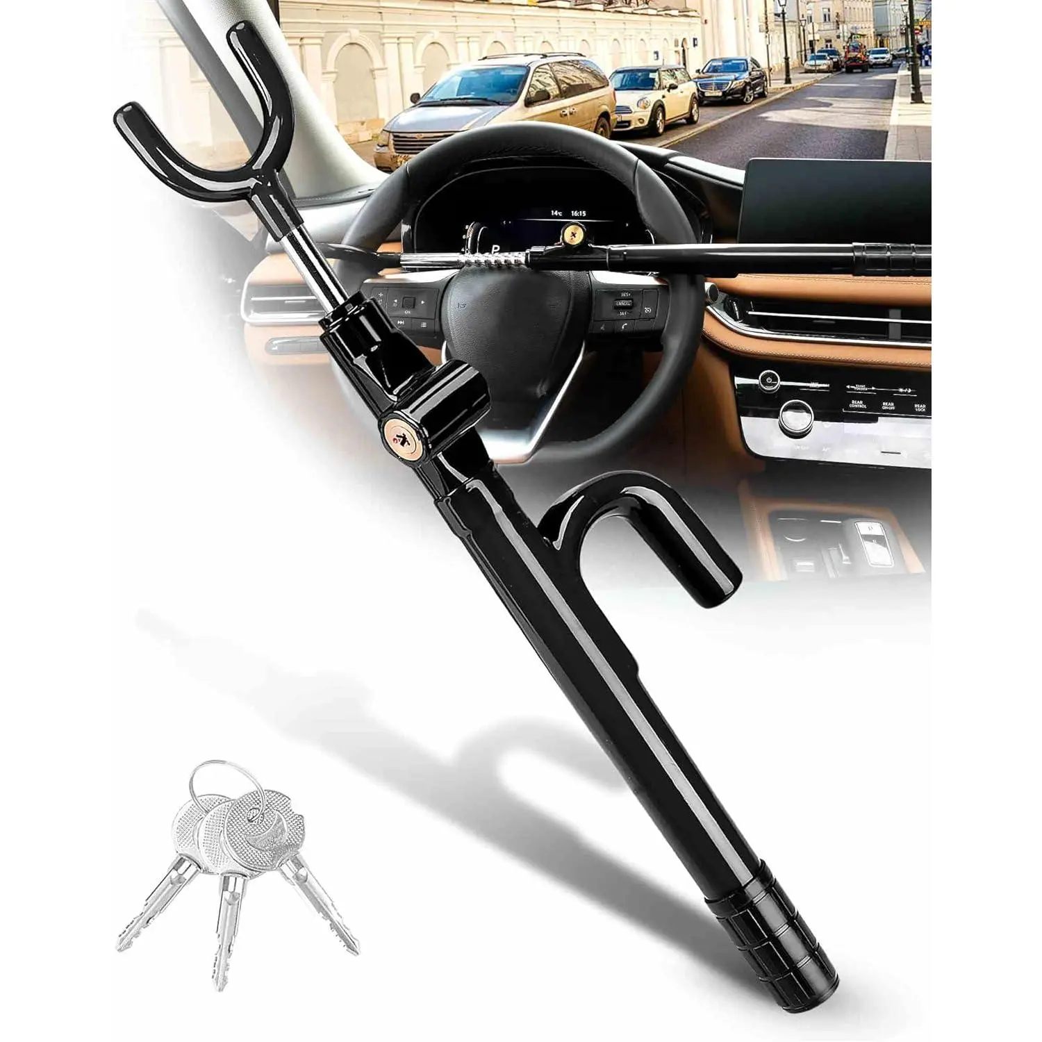 Steering Wheel Lock Anti-Theft Device Safety Car Lock Anti-Theft Car Device Visible Anti-Theft Locking Device Adjustable Car Steering Wheel Lock Suitable for Cars with 3 Keys (Black)