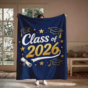 Graduation Gift Flannel Blanket, Class of 2026 Navy Gold Soft Cozy Throw, For Living Room Bedroom, Congrats Gift For Her Him, Commencement Keepsake Decor